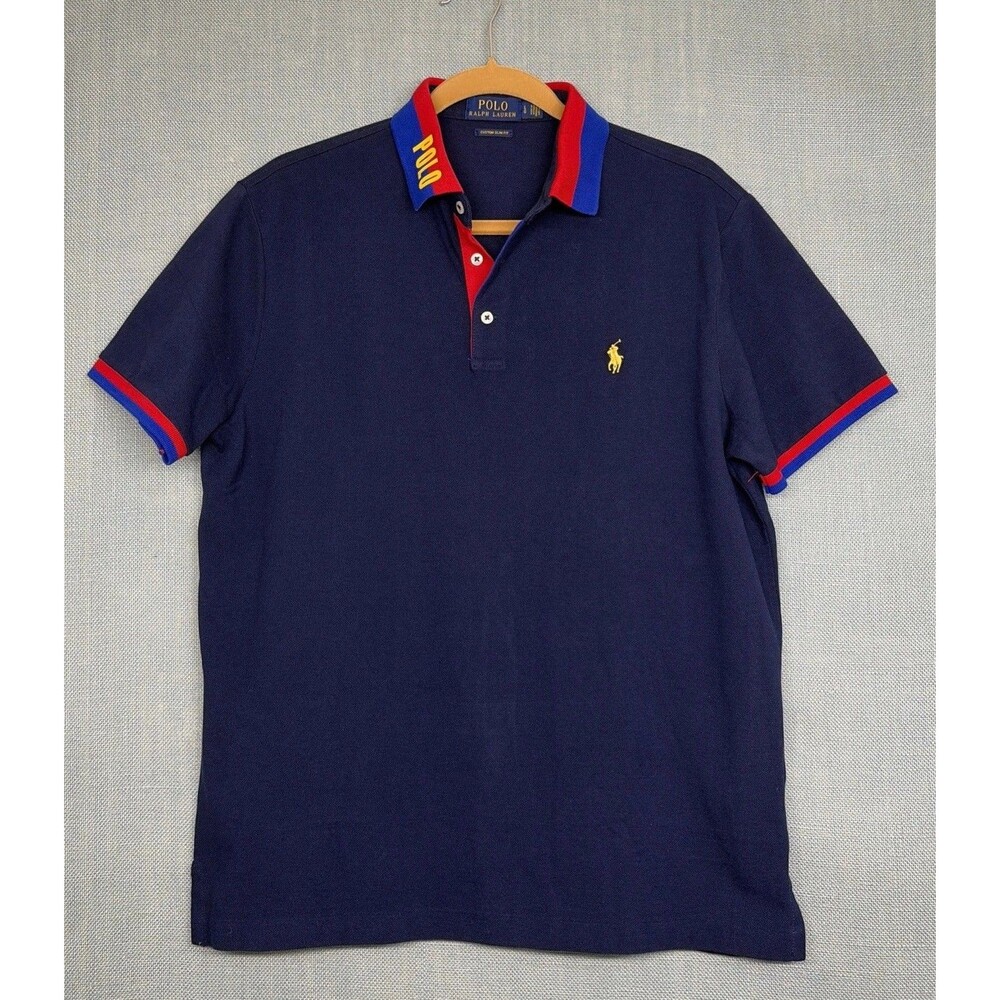 Men L Custom Slim Fit Polo Ralph Lauren Neck Spells Out POLO Navy Shirt Rare EUC